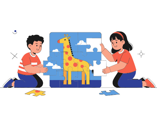 A child solving a colorful jigsaw puzzle